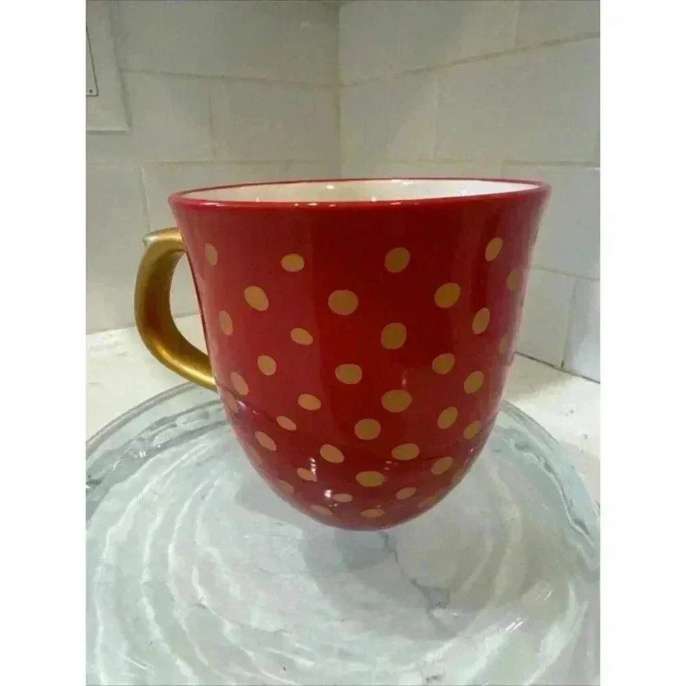 The Pioneer Woman Collection Red Gold Polka Dotted Stoneware Mug Ornate Handle
